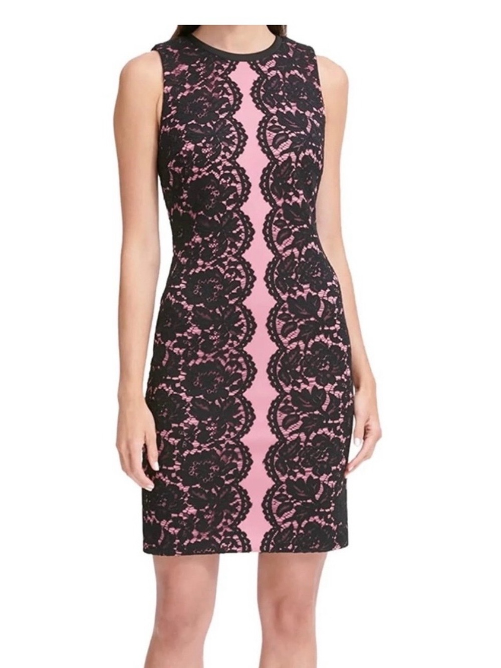 TOMMY HILFIGER Pink & Black Floral Lace Scuba Sheath Dress Sleeveless 16